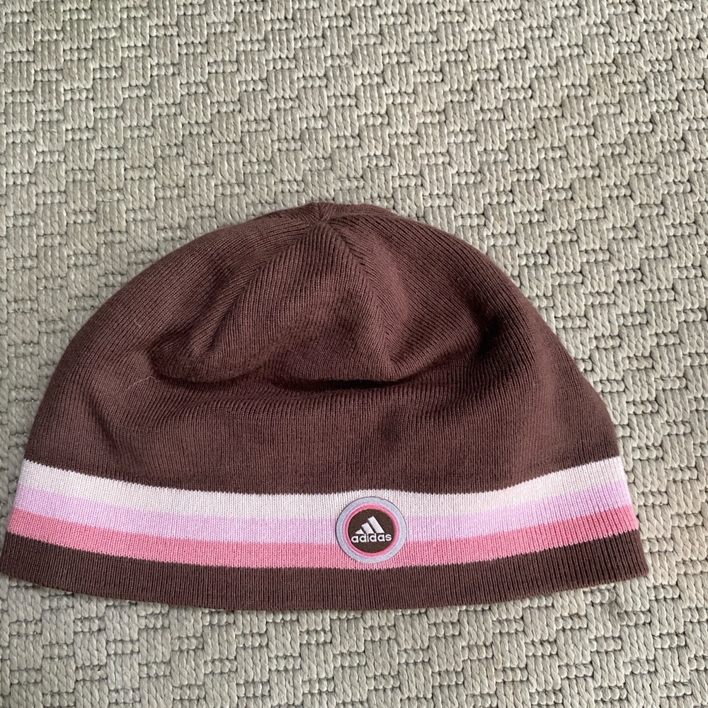Adidas Brown and Pink Knit Beanie Hat